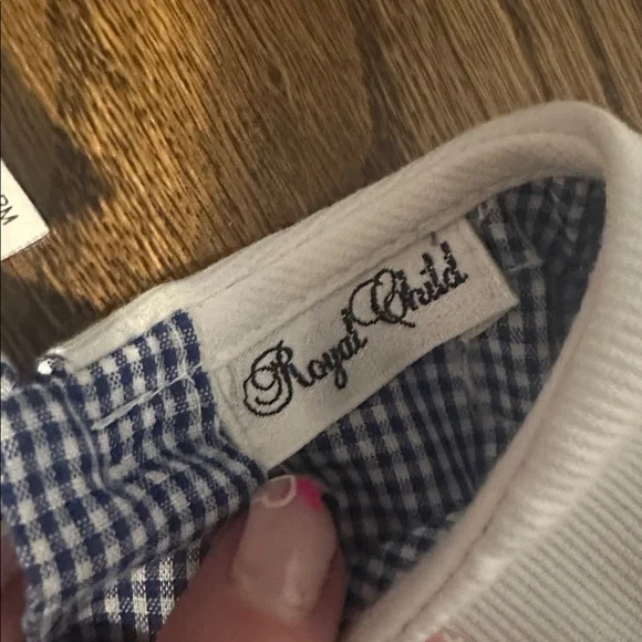 Blue Checkered Baby Romper with Train Smocking - Picture 4 of 6